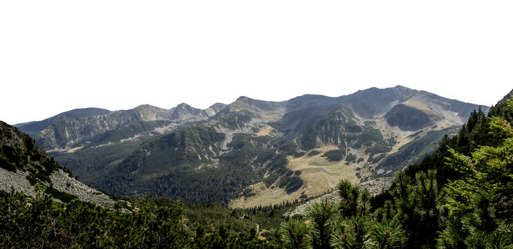 A wide panoramic view of the rocky mountain ridges, alpine meadows, and dwarf pine vegetation of the Retezat Mountains in Romania, isolated on a transparent background.