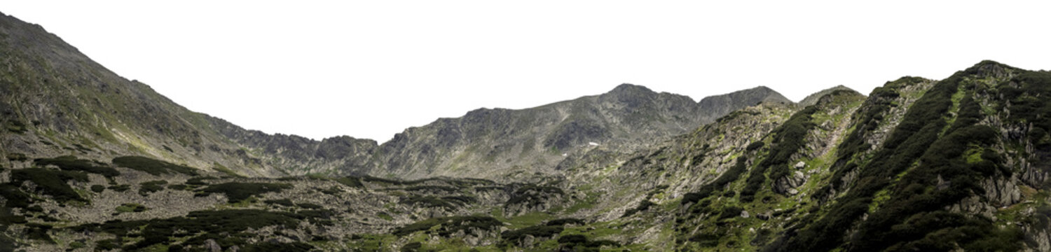 A wide panoramic view of the rocky mountain ridges, alpine meadows, and dwarf pine vegetation of the Retezat Mountains in Romania, isolated on a transparent background.