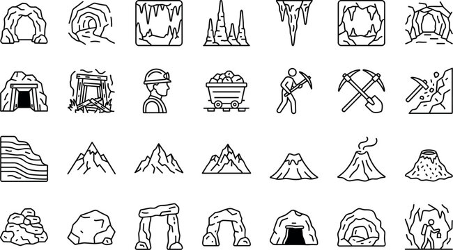 Underground Cave Exploration and Coal Mining Line Icon Set for Geological IndustryUnderground Cave Exploration and Coal Mining Line Icon Set for Geological Industry
