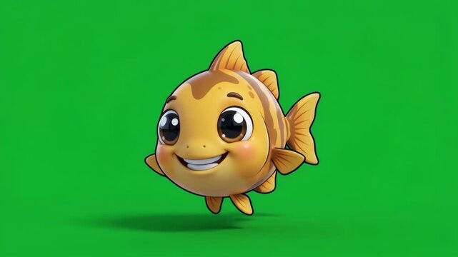Cute cartoon fish with big eyes smiling on a green screen background, perfect for animation and children's content.