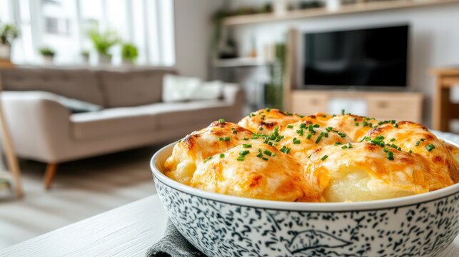 Close up of cheesy baked potato wedges in a decorative bowl