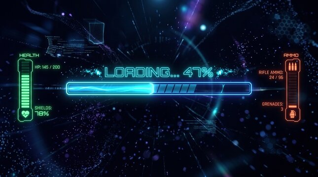 Video game loading screen displaying futuristic blue progress bar interface and health statistics