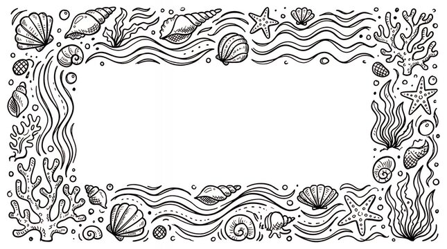 Hand Drawn Doodle Style Ocean Frame Featuring Marine Shells Corals and Wavy Water Line Elements seashells shells corals sea ocean frame border wavy lines bubbles doodle hand drawn cartoon