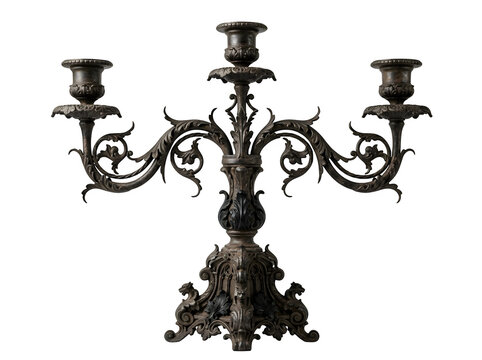 Antique bronze candelabra with ornate gothic carvings, vintage three-arm metal candlestick holder, baroque style bronze candle stand isolated on Transparent Background