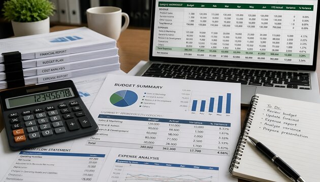 Financial Documents and Spreadsheet with Calculator on Office Desk for Budgeting, Accounting, Expense Calculation and Cost Management