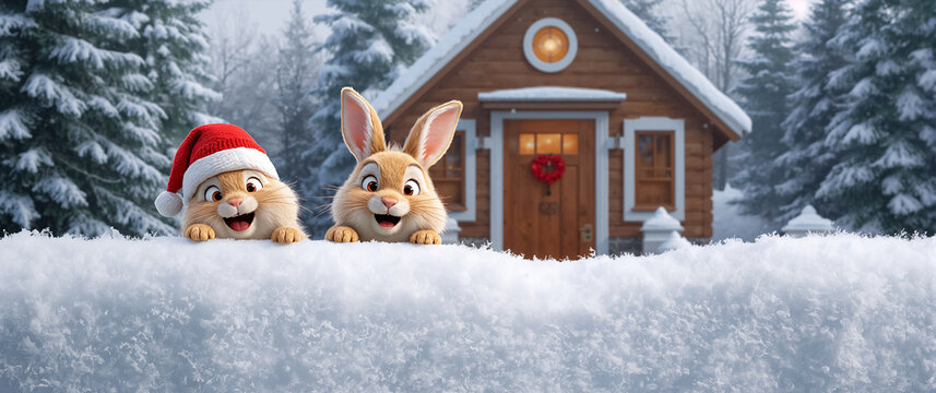 Cute funny cartoon bunny in a Santa hat in the snow in winter
