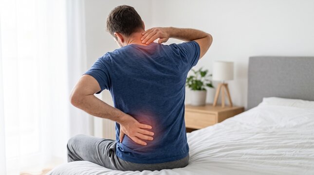 Man touching neck and lower back due to pain, symbolizing body stress, poor posture, and musculoskeletal health.
