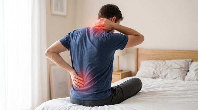 Man sitting on bed with back discomfort, symbolizing muscle tension, aging, medical care, and lifestyle health concerns.