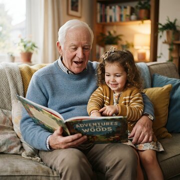 An elderly white grandfather with white hair in a blue sweater reads a colorful book titled Adventures In The Woods to his smiling curly haired granddaughter on a comfortable living room couch.