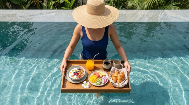 Woman with breakfast tray in swimming pool, representing resort travel, leisure, hospitality, and summer escape.