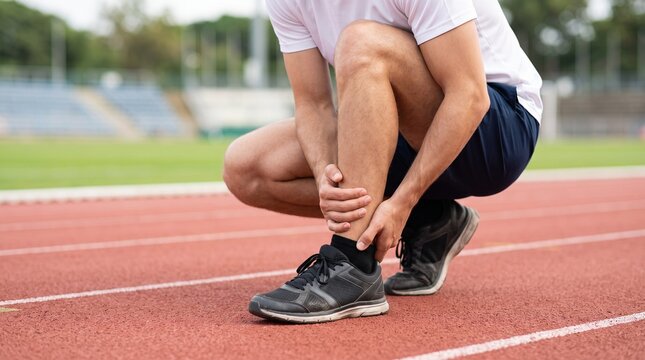 Runner checking injured ankle on running track, symbolizing rehabilitation, mobility issues, and athletic performance care.