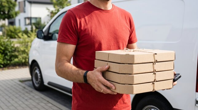 Restaurant courier delivering fresh pizza orders, representing hospitality, food business, transportation, and customer care.