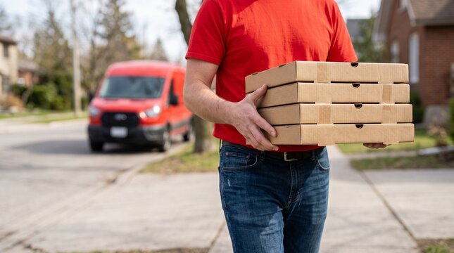 Food delivery person transporting pizza orders, symbolizing e-commerce, restaurant business, speed, and customer satisfaction.