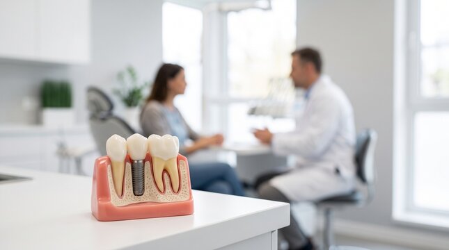 Dental professional discussing oral health using tooth replica, representing patient care, dentistry knowledge, and medical support.