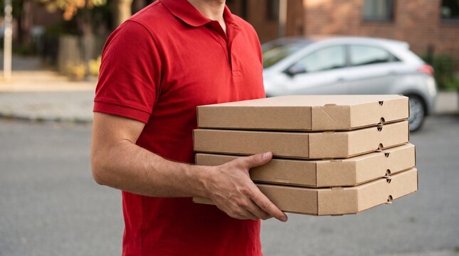 Courier holding stacked pizza boxes for customer delivery, representing fast food service, logistics, and doorstep convenience.