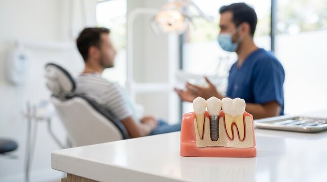 Dentist and patient consultation in clinic with tooth model, symbolizing dental examination, treatment planning, and healthy smiles.
