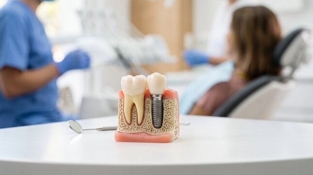 Dental doctor explaining tooth anatomy model to patient, representing oral education, prevention, trust, and modern dentistry.