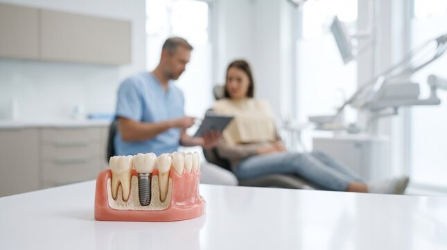 Dentist consulting patient with tooth model, symbolizing dental care, oral health, diagnosis, treatment, and professional healthcare.