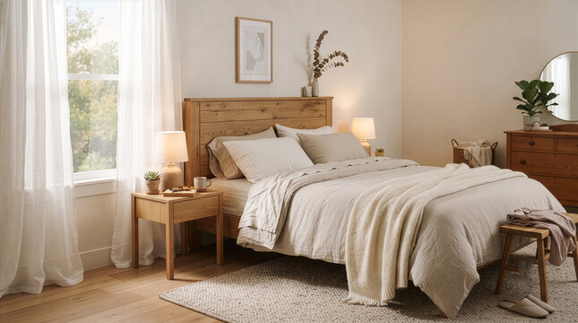 Comfortable bedroom with wooden bed frame and neutral colors in morning