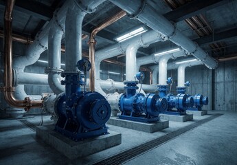 Naklejka premium Industrial Water Pump Station with Blue Machinery and Pipes in Underground Utility Room