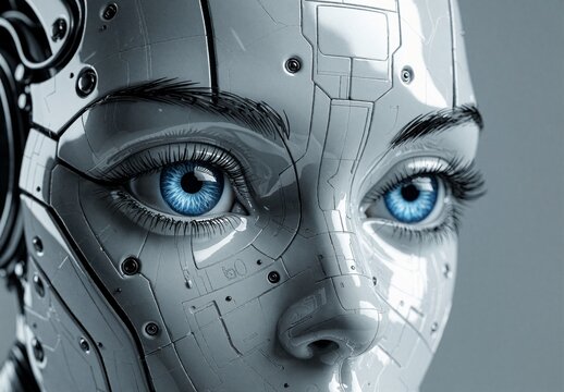 Humanoid Robot Face with Blue Eyes, Futuristic Android Portrait, Artificial Intelligence Concept