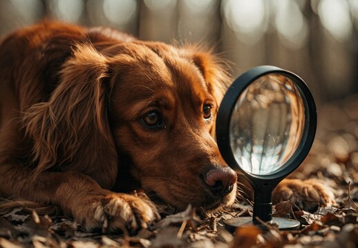 Golden Retriever Dog Looking Through Magnifying Glass in Autumn Forest