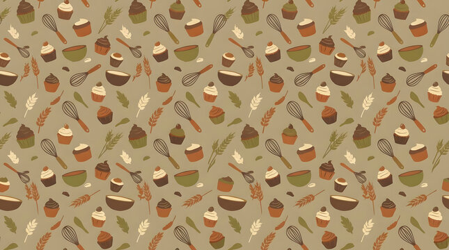 Baking theme seamless pattern with muffins and whisks