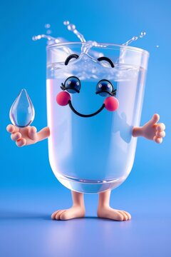 Cute 3D cartoon character of a smiling glass of water holding a water drop