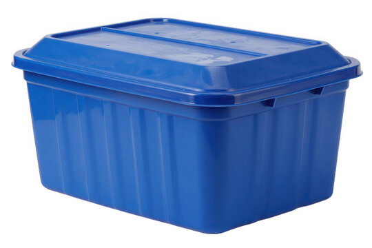 Large blue plastic storage box with secure lid for home organization.