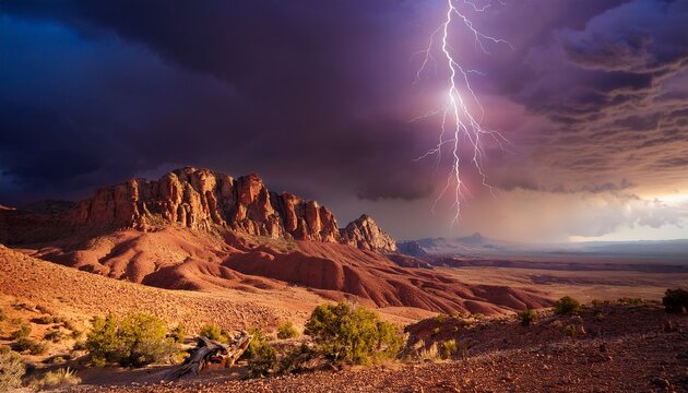 dramatic lightning bolt strikes barren mountainside during a severe thunderstorm over arid landscape