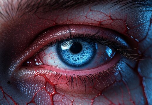 Extreme Close Up of Blue Human Eye with Red Veins and Texture