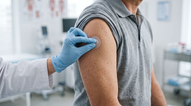 Doctor applying medical vaccine patch on patient arm