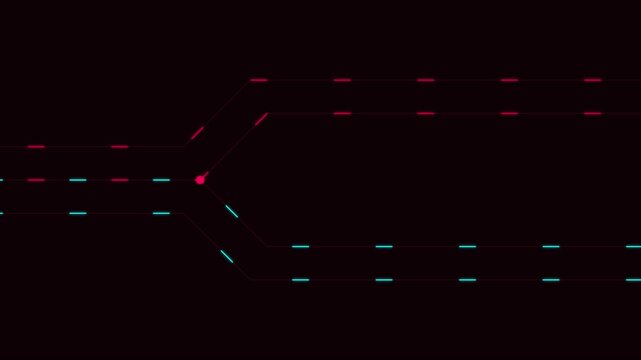 Abstract digital path splitting animation with glowing data flow lines and nodes 4k