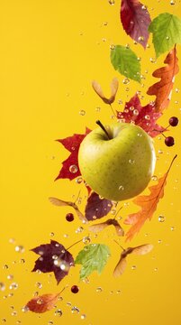 Vibrant Green Apple and Autumn Leaves with Water Drops on Yellow