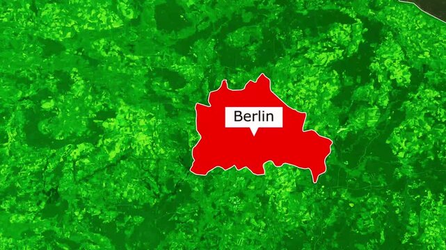 Red Berlin map marker animation displayed over green satellite video footage