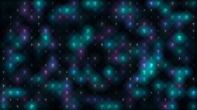 Abstract Dark Background with Glowing Blue and Teal Question Mark Symbols and Bokeh Effect