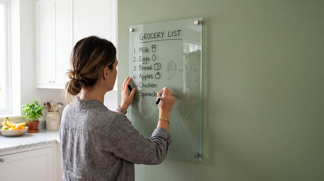 A rear-view shot shows a hand writing a grocery list on a glass board mounted on a green kitchen wall, marker in hand with a few items already listed. Bright clean daylight fills the modern 