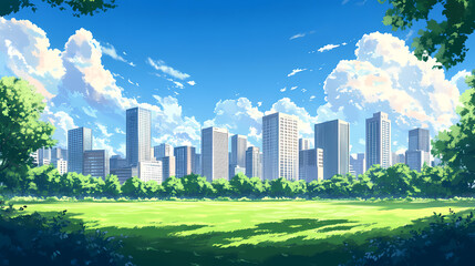 Fototapeta premium Cityscape Park Sunrise View Illustration