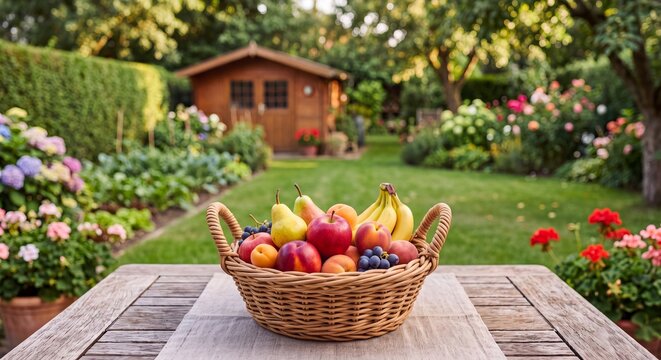 Ein Obstkorb auf dem Tisch, im Hintergrund ist Garten zu sehen.