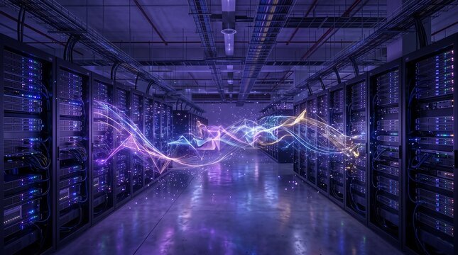 Artificial Intelligence Data Center Server Room in Purple Light With a Swirling Multicolor Plexus Light Sculpture Floating Between Rack Rows