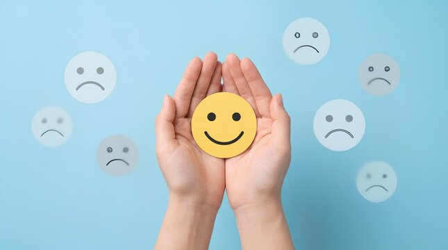 Hands holding yellow smiley face among sad paper icons.