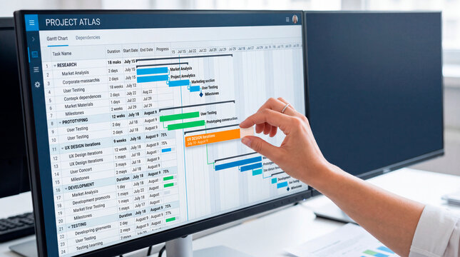 A cropped close-up shot frames a hand adjusting a task bar on a digital Gantt chart dashboard displayed across a large screen. Bright even studio lighting keeps the scene clean with no drama