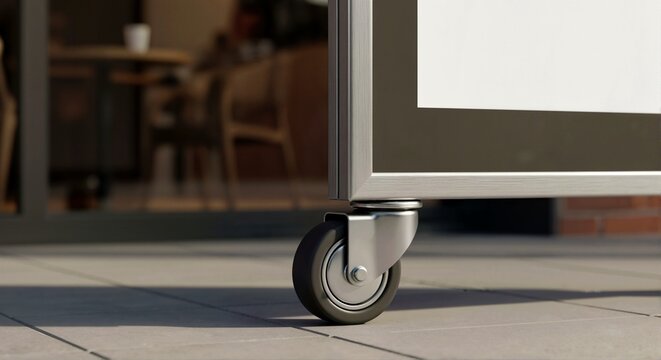 Close up of caster wheel on rolling advertising stand. Detail of metal frame and rubber roller on outdoor pavement. Mobile billboard display mechanism