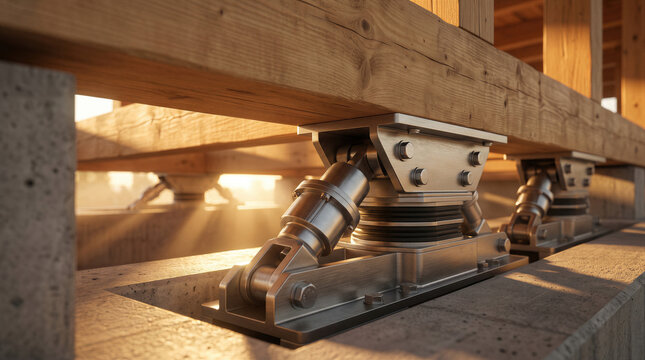 Seismic base isolation damper system and earthquake isolator on timber structural engineering foundation.
