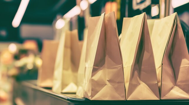 Brown paper grocery bags arranged on a shelf