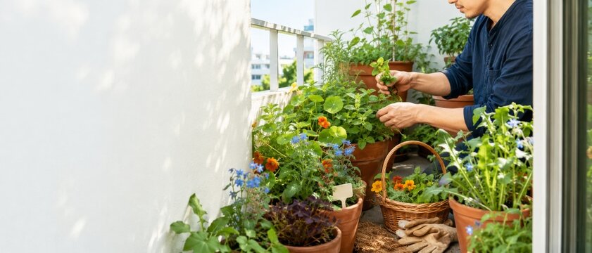 Foraging garden on a home balcony with various plants and herbs, background