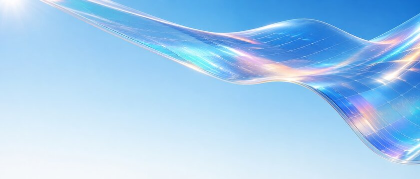 Abstract wave pattern with fluid holographic colors on clear sky background