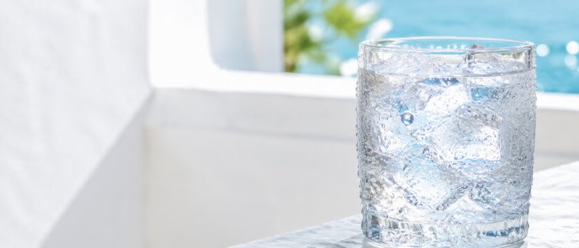 Glass of ice water on sunny day captures essence of heatwave coping, ideal as refreshing background