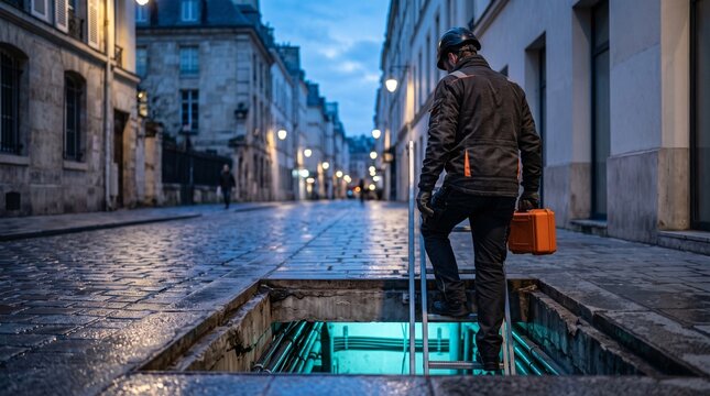 Field engineer leaves vault after fiber service