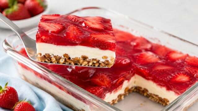 Strawberry jello salad in glass dish with cream layer and granola crust